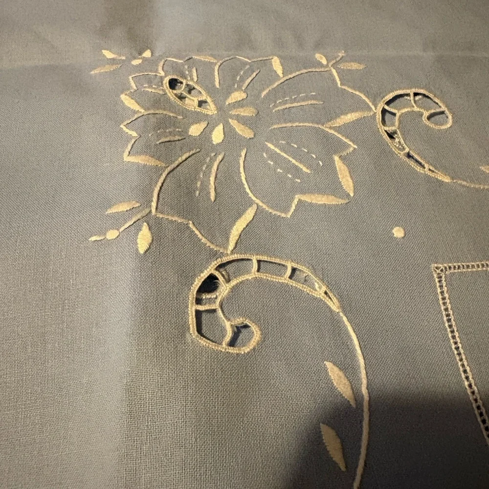 Vintage Blue Embroidered Linen Tablecloth 32x35 Floral Cutwork Tea Cottagecore